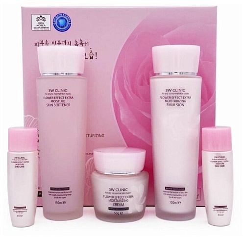 Набор: Тонер, Эмульсия, Крем, 150мл*2+50мл+30мл*2 3W CLINIC FLOWER EFFECT EXTRA MOISTURIZING SKIN CA