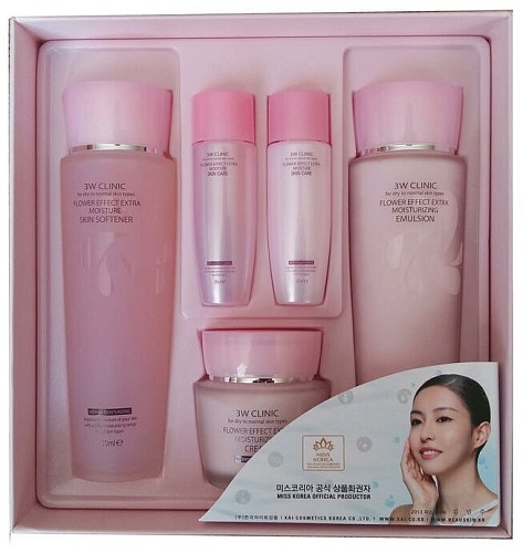 Набор: Тонер, Эмульсия, Крем, 150мл*2+50мл+30мл*2 3W CLINIC FLOWER EFFECT EXTRA MOISTURIZING SKIN CA