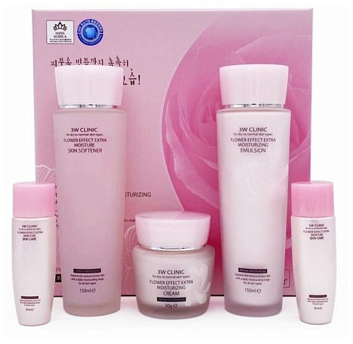 Набор: Тонер, Эмульсия, Крем, 150мл*2+50мл+30мл*2 3W CLINIC FLOWER EFFECT EXTRA MOISTURIZING SKIN CA